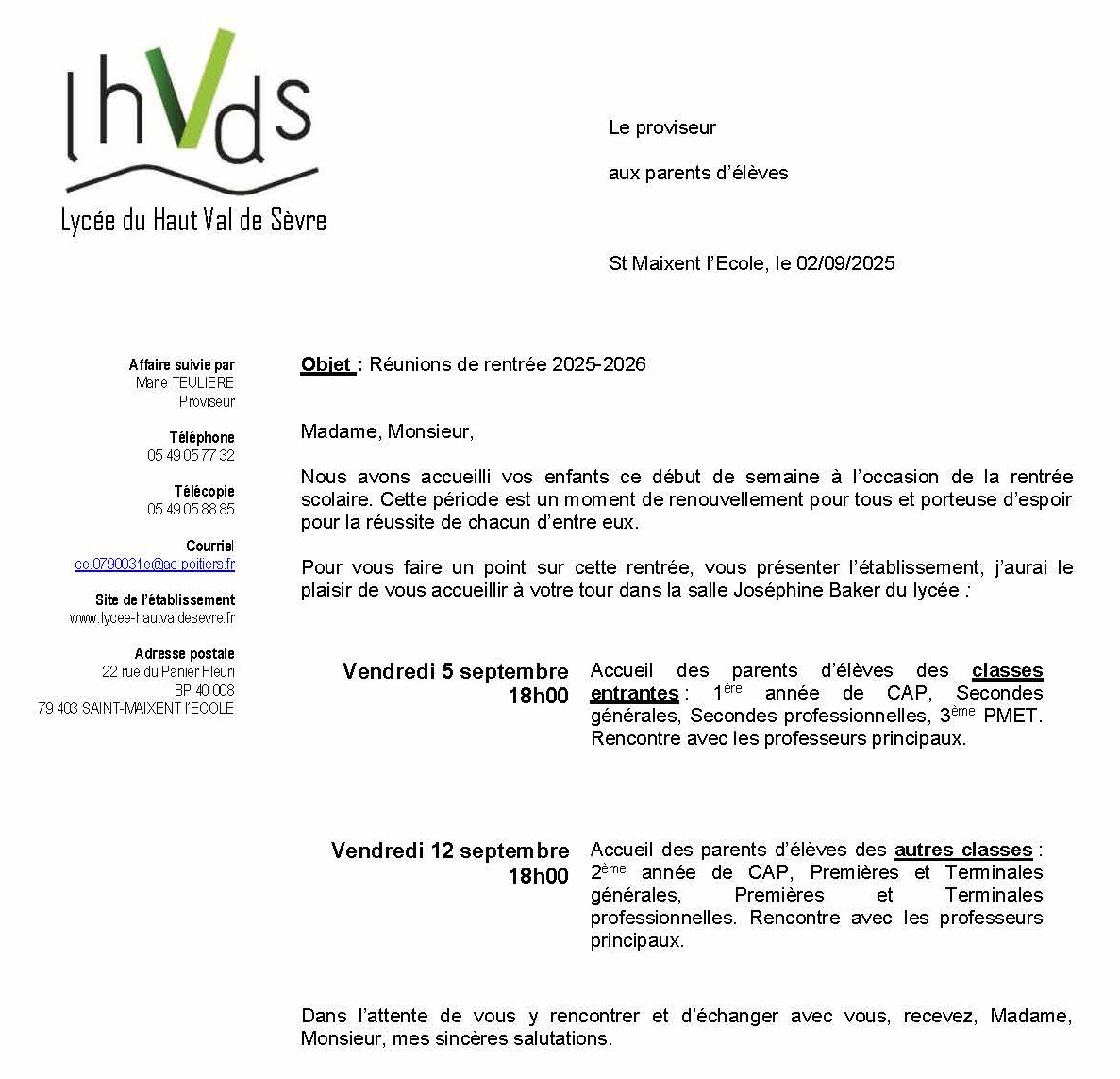 Invitation réunions rentrée parents 2025
