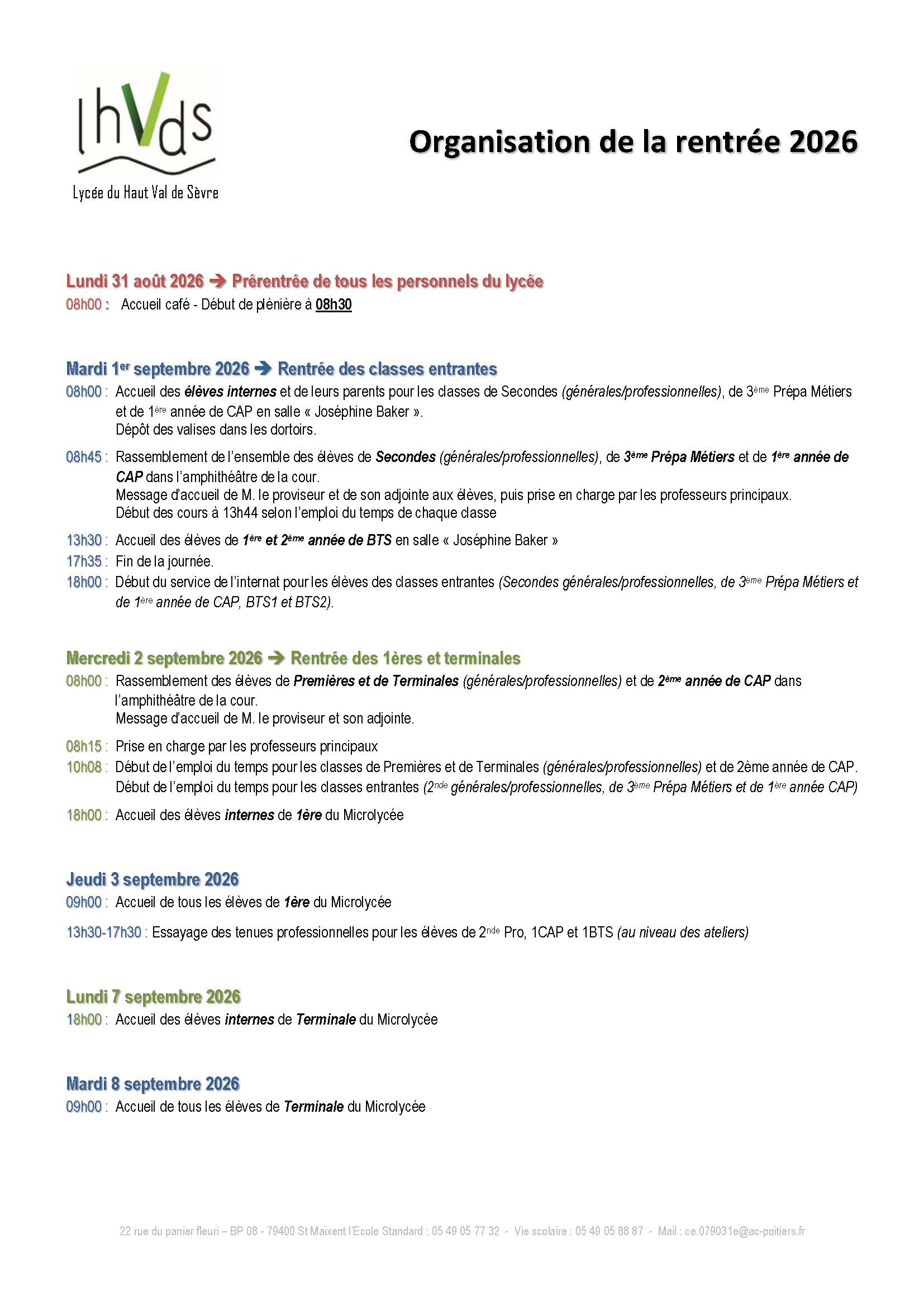 Organisation de la rentrée 2026 2027