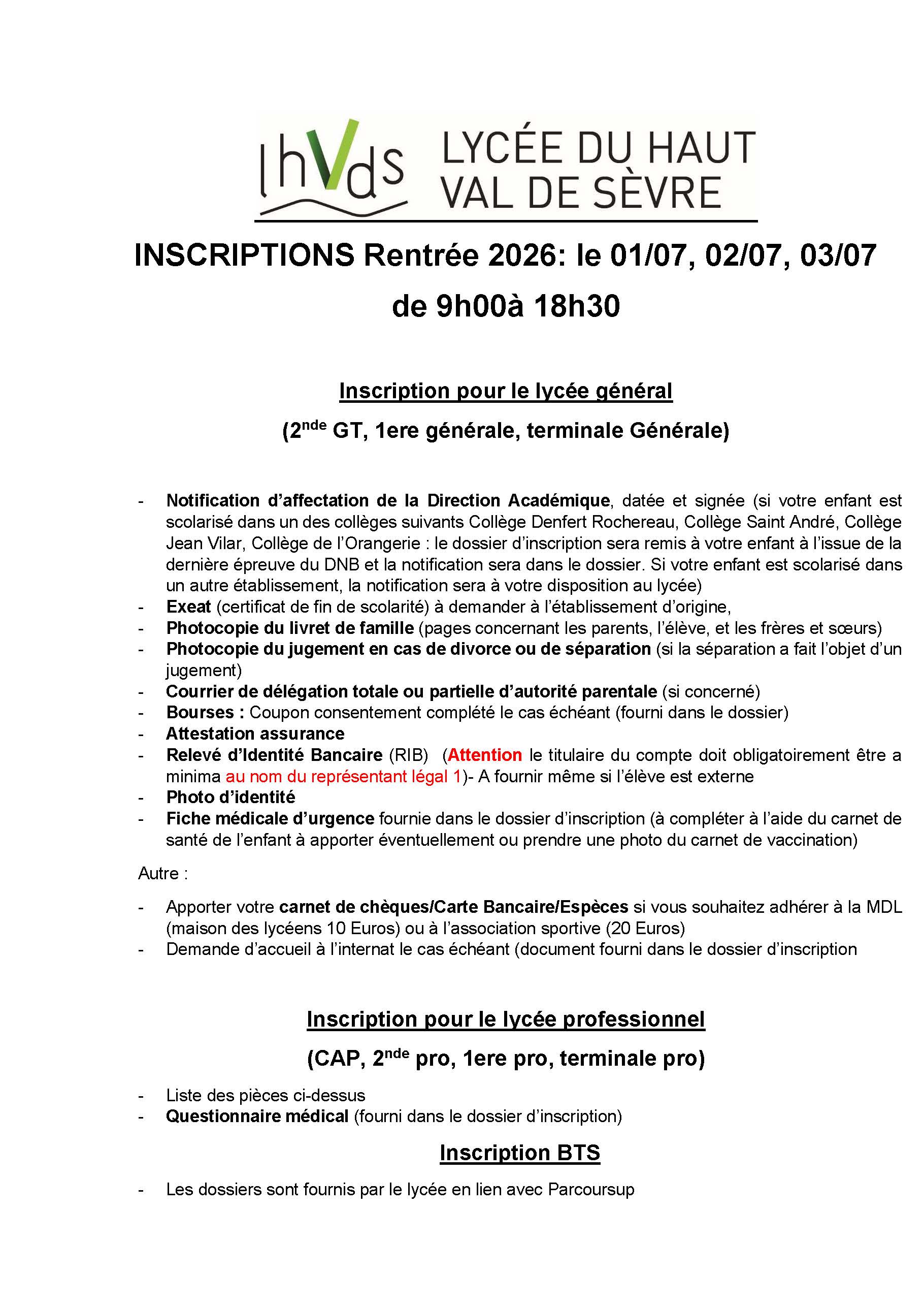 Inscriptions rentrée 2026 Liste pièces à fournir
